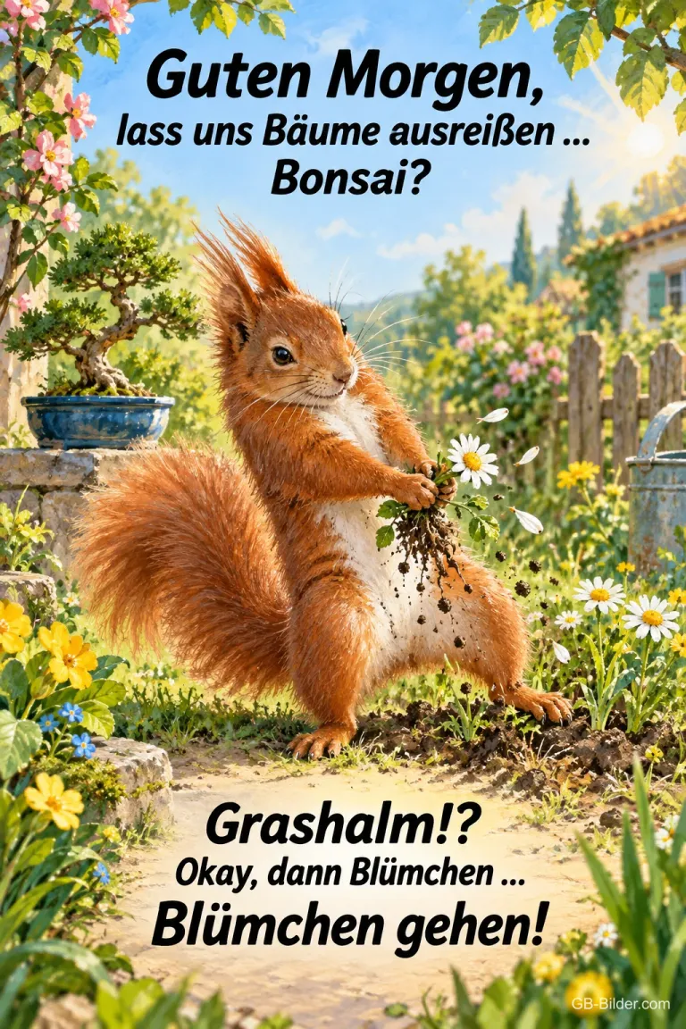 Eichhörnchen reißt ein Gänseblümchen aus der Erde neben einem Bonsai, Text: Guten Morgen, lass uns Bäume ausreißen … Bonsai? Grashalm!? Okay, dann Blümchen … Blümchen gehen!
