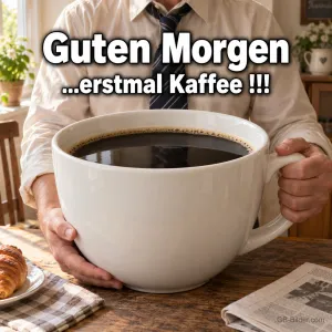 Mann mit riesiger Kaffeetasse, Text: Guten Morgen