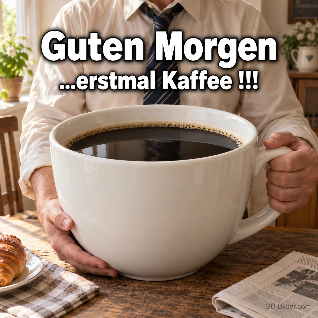 Mann mit riesiger Kaffeetasse, Text: Guten Morgen
