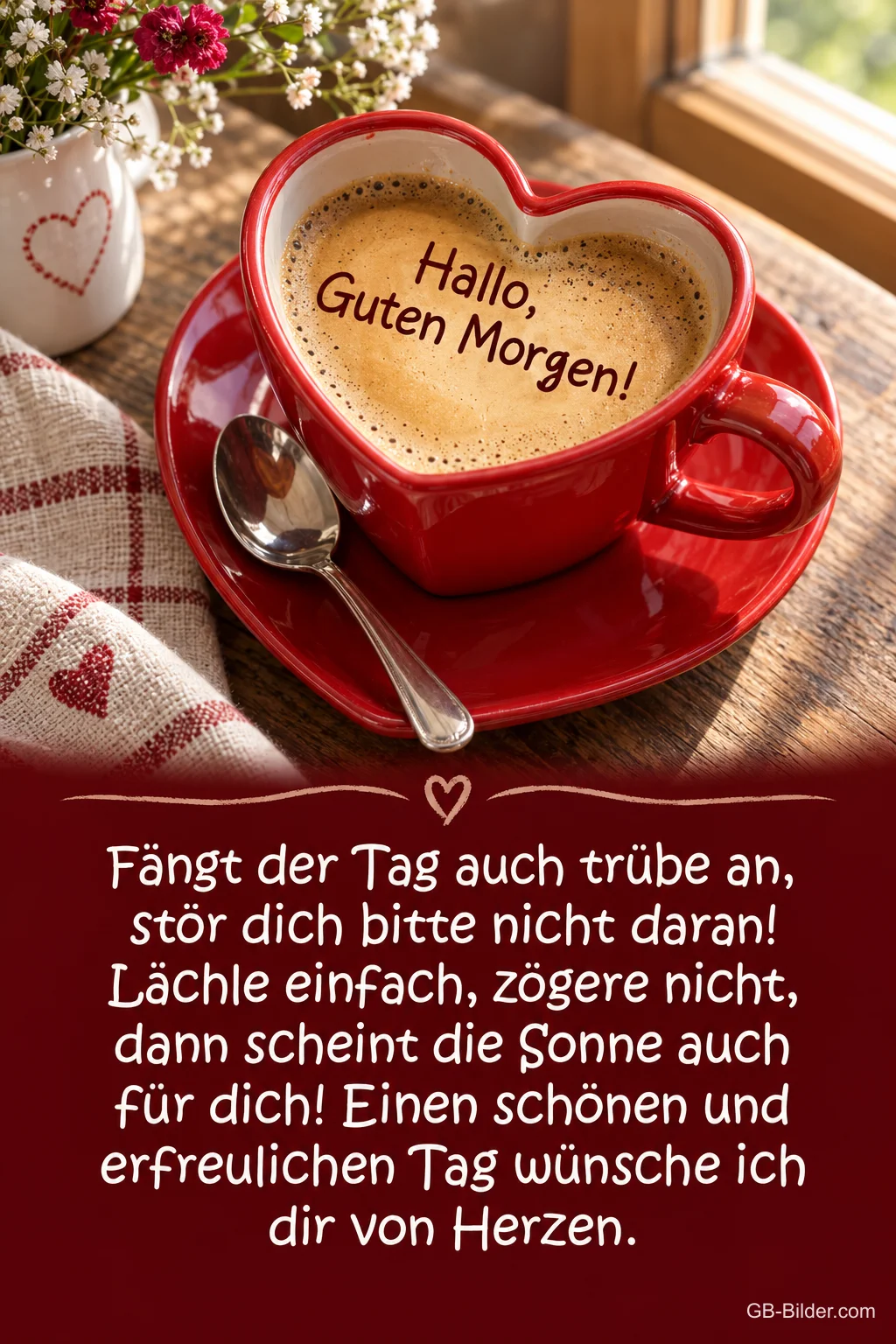 Herztasse mit Kaffee, Text: Hallo, Guten Morgen