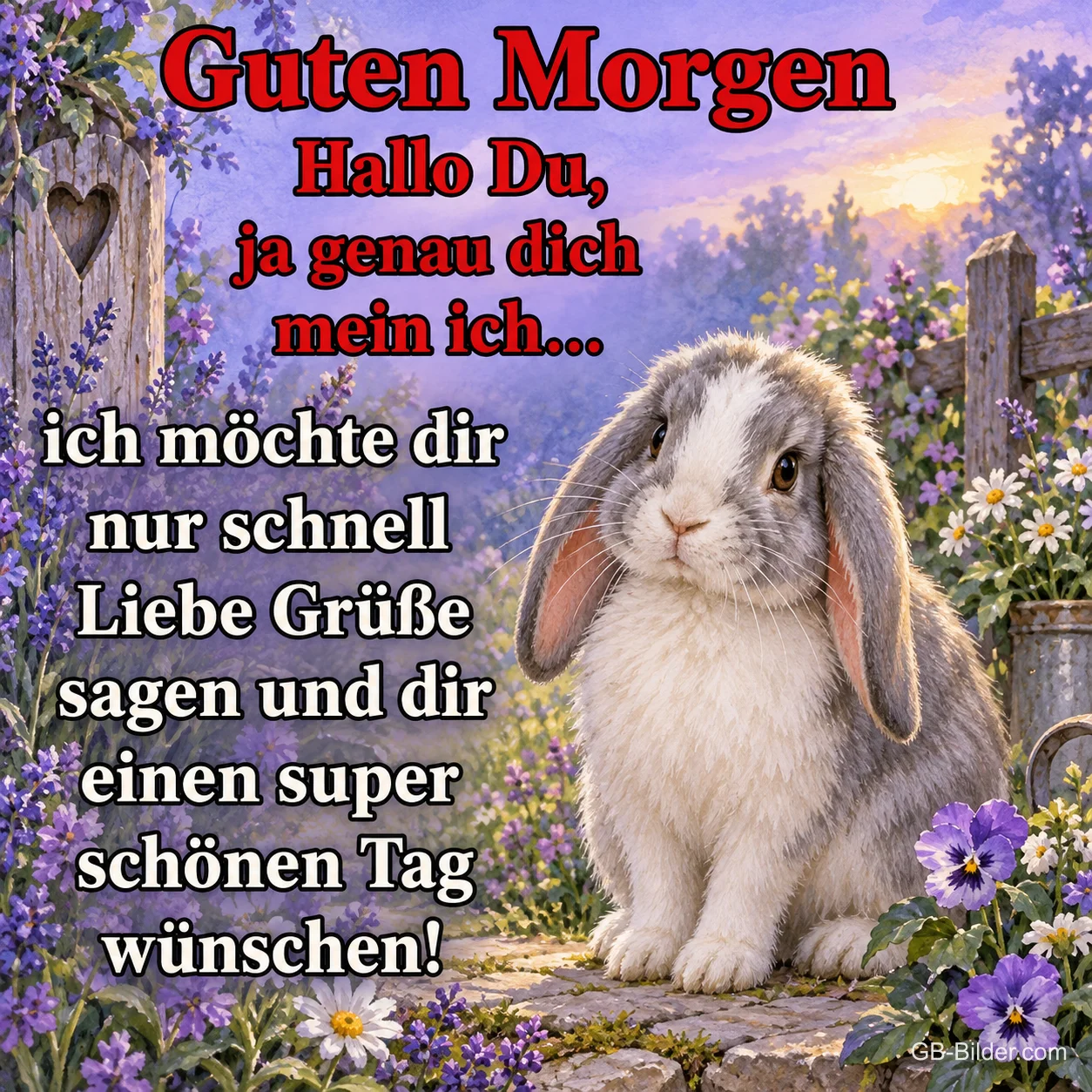 Kaninchen zwischen Stiefmütterchen, Text: Guten Morgen Kaninchen zwischen Stiefmütterchen, Text: Guten Morgen