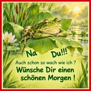Müder Frosch auf dem Blatt, Text: Na Du