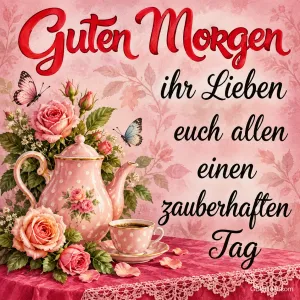 Teekanne mit Rosen, Text: Guten Morgen ihr Lieben euch allen einen zauberhaften Tag