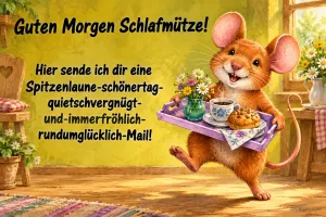 Maus trägt ein Tablett mit Kaffee und Gebäck, Text: Guten Morgen Schlafmütze! Hier sende ich dir eine Spitzenlaune-schönertag-quietschvergnügt-und-immerfröhlich-rundumglücklich-Mail!