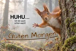 Eichhörnchen am Baumstamm, Text: HUHU
