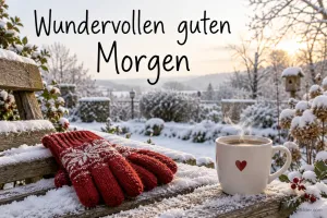 Handschuhe und Tasse im Schnee, Text: Wundervollen guten Morgen