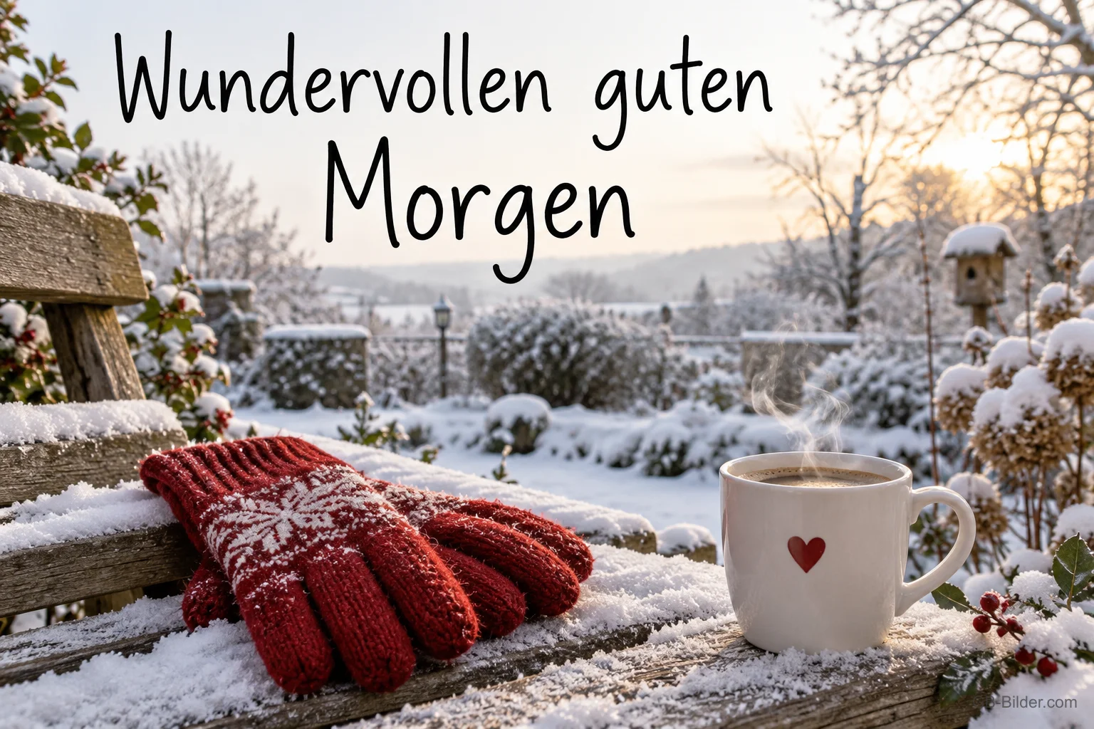 Handschuhe und Tasse im Schnee, Text: Wundervollen guten Morgen