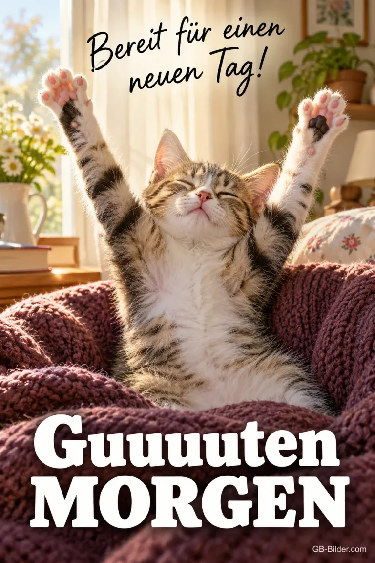 Getigertes Kätzchen streckt die Pfoten in die Höhe, Text: Bereit für einen neuen Tag! Guuuuten MORGEN