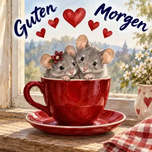 Mäuse in der roten Tasse, Text: Guten Morgen