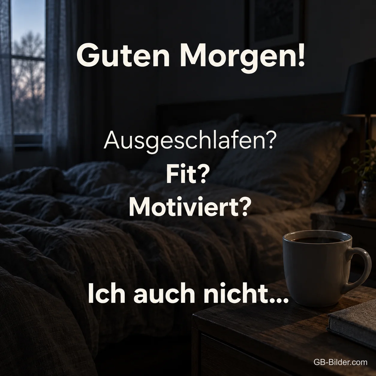 Dunkles Schlafzimmer mit Kaffeetasse, lustiger Spruch, Text: Guten Morgen