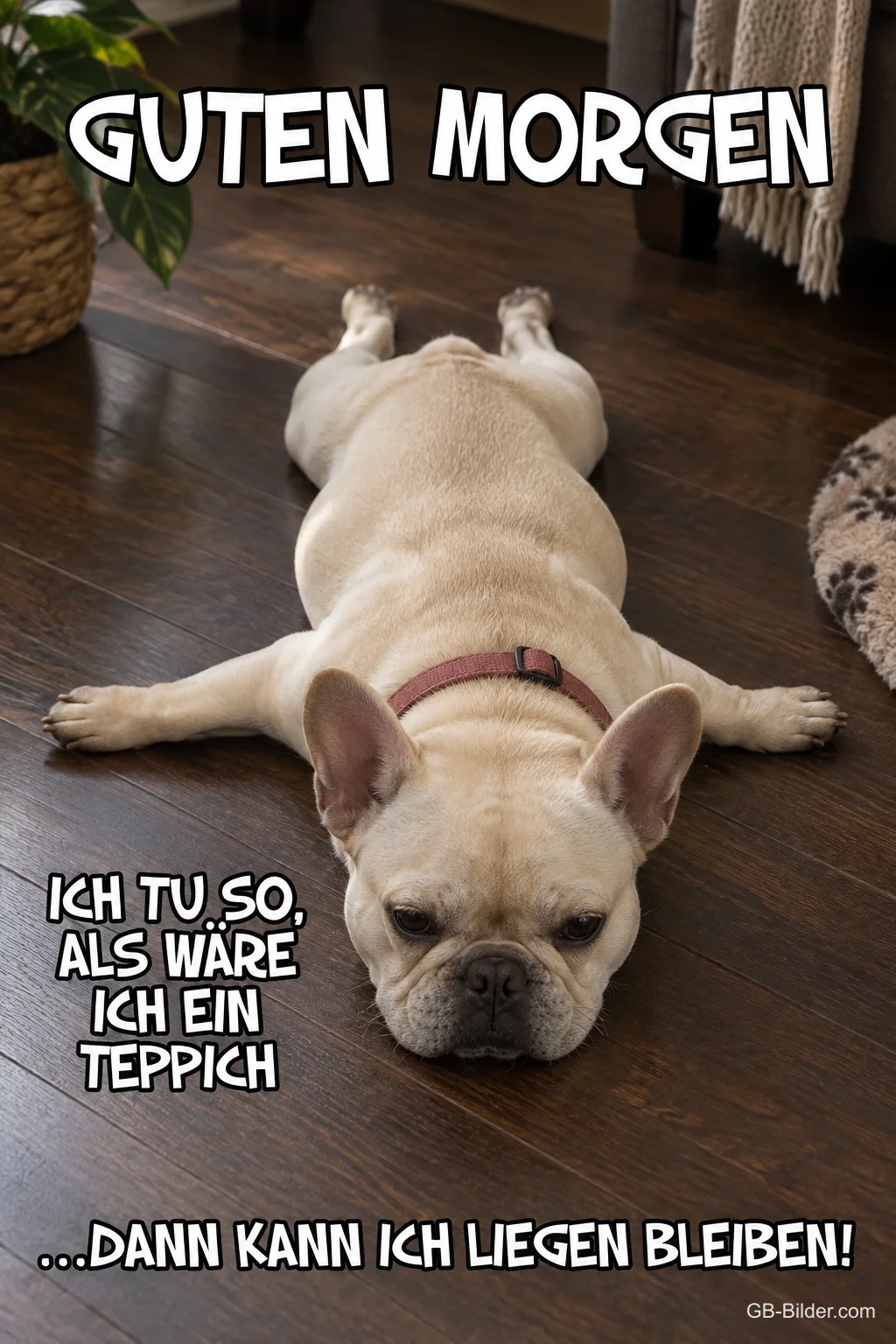 Bulldogge liegt flach am Boden, Text: Guten Morgen