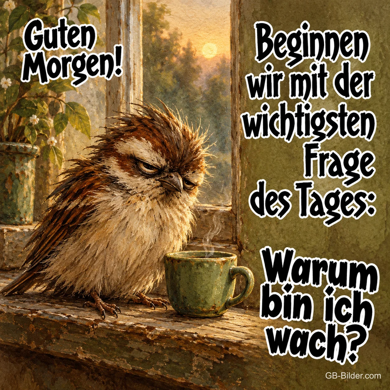 Zerzauster, müder Vogel neben einer Tasse auf der Fensterbank, Text: Guten Morgen! Beginnen wir mit der wichtigsten Frage des Tages: Warum bin ich wach?