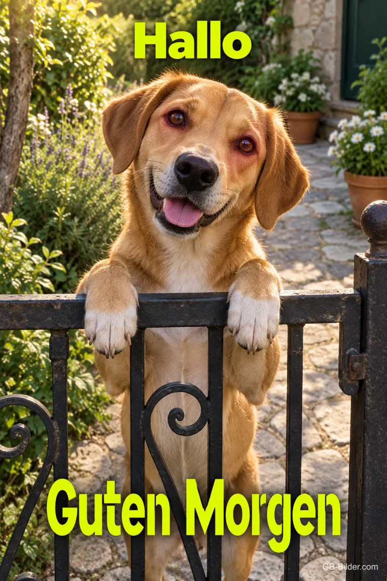 Fröhlicher Hund stützt die Pfoten auf ein Gartentor, Text: Hallo – Guten Morgen