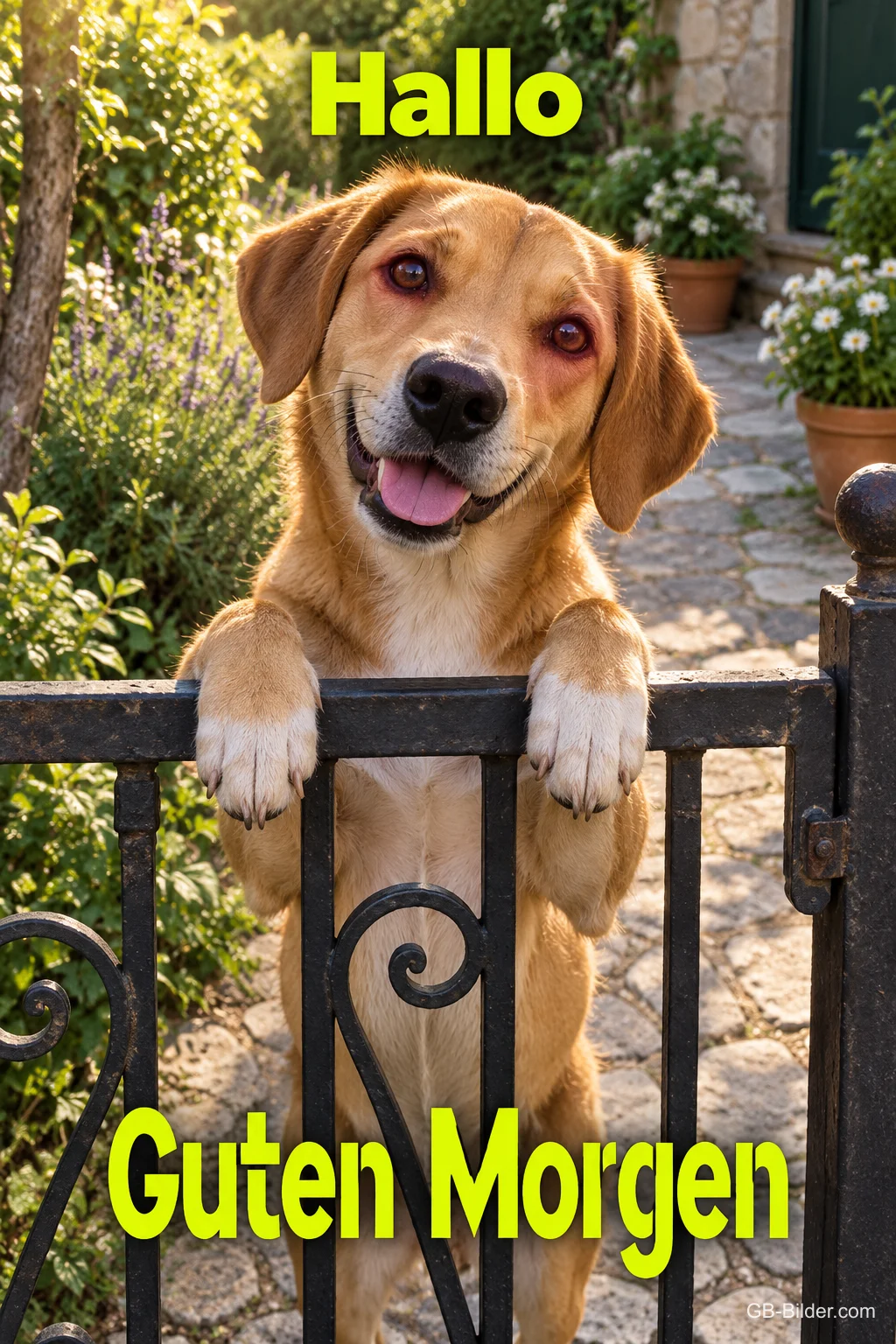 Fröhlicher Hund stützt die Pfoten auf ein Gartentor, Text: Hallo – Guten Morgen