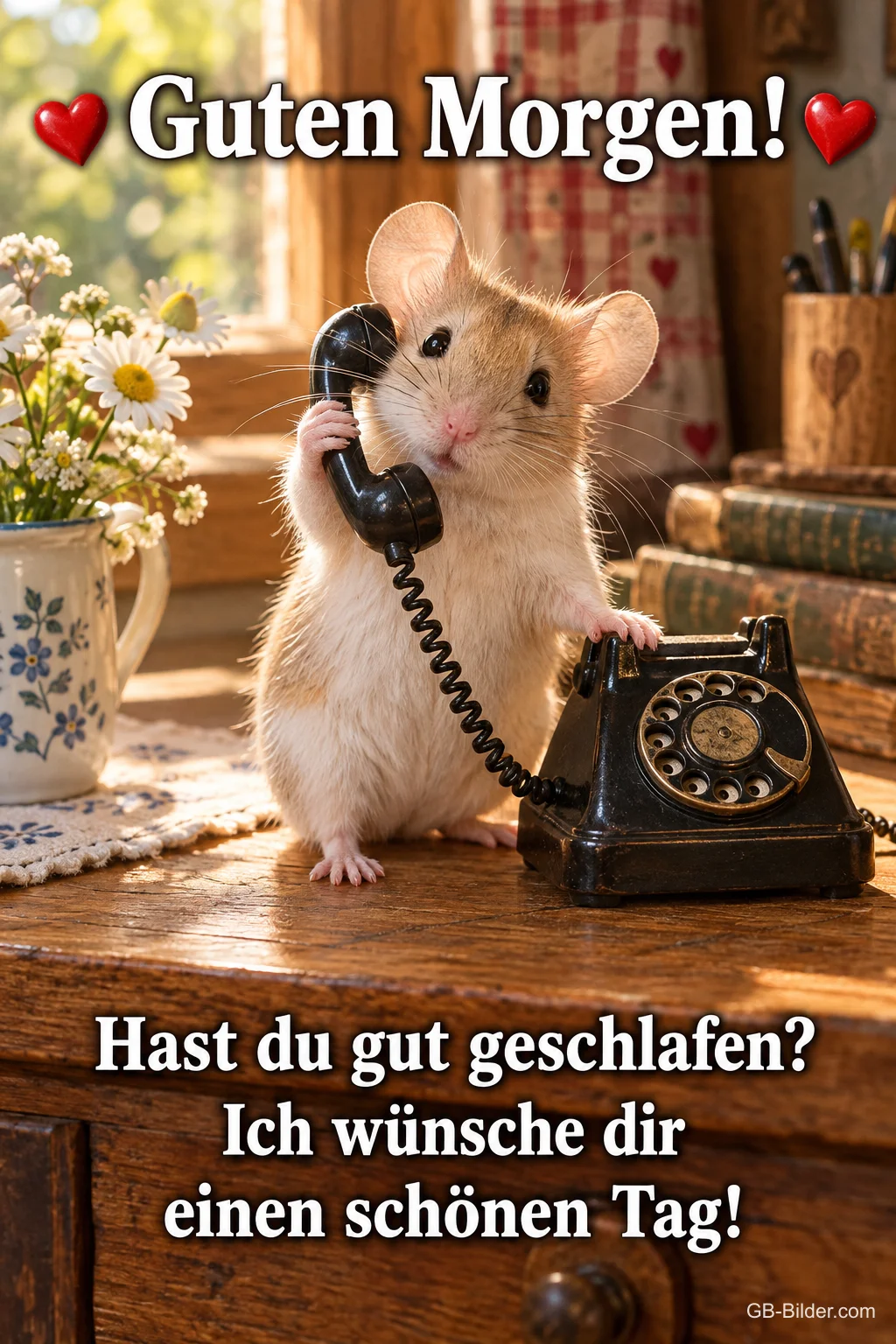Maus telefoniert mit einem alten schwarzen Telefon, Text: Guten Morgen! Hast du gut geschlafen? Ich wünsche dir einen schönen Tag!