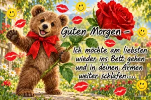 Bär mit roter Schleife winkt mit einer Rose zwischen Kussmündern, Text: Guten Morgen – Ich möchte am liebsten wieder ins Bett gehen und in deinen Armen weiter schlafen….