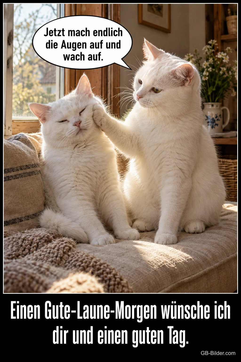 Weiße Katze stupst eine verschlafene Katze am Fenster an, Text: Jetzt mach endlich die Augen auf und wach auf. Einen Gute-Laune-Morgen wünsche ich dir und einen guten Tag.
