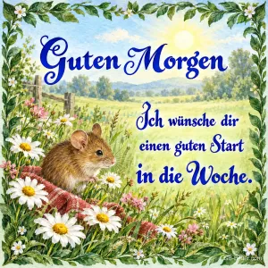 Kleine Maus auf einer Decke zwischen Gänseblümchen, Text: Guten Morgen – Ich wünsche dir einen guten Start in die Woche.