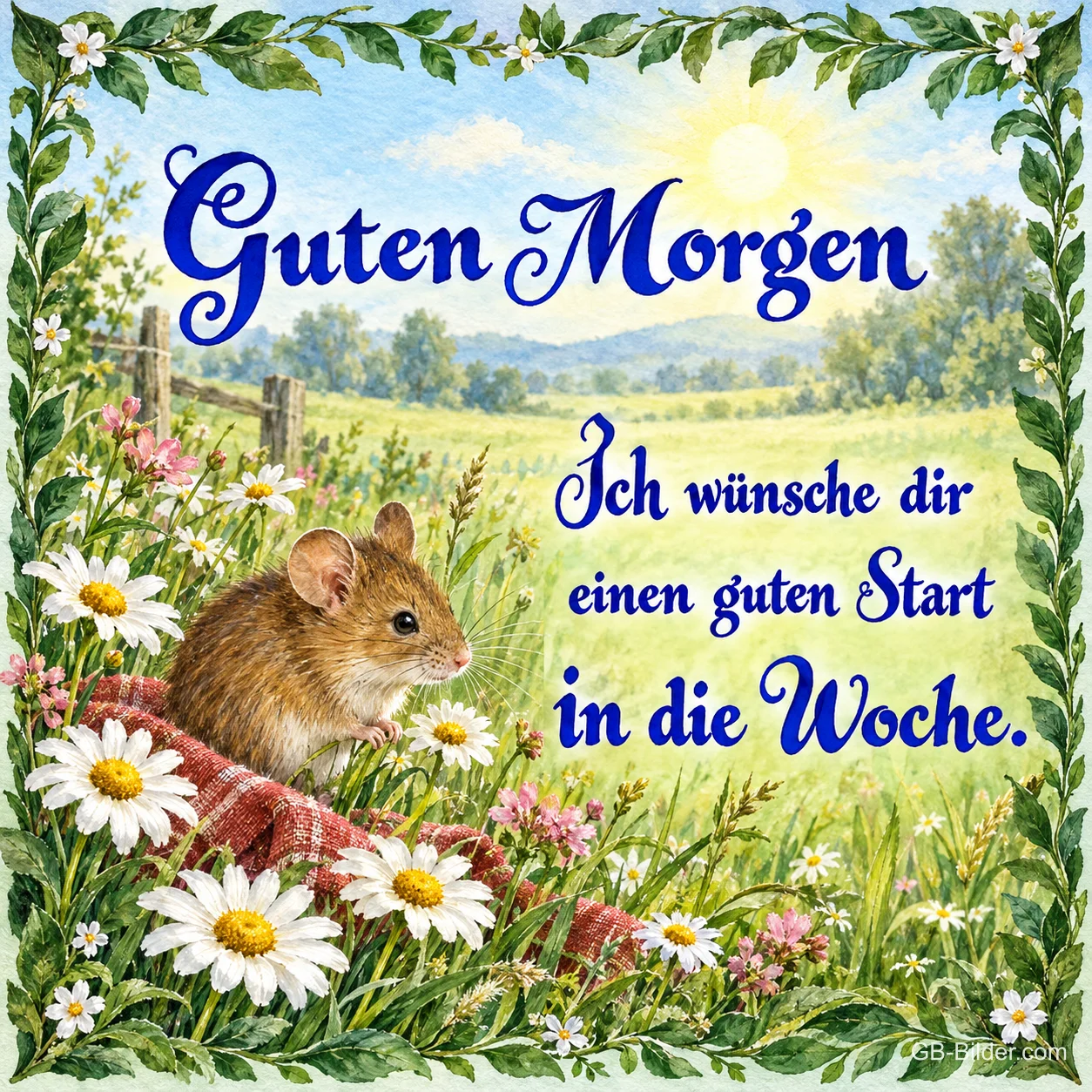 Kleine Maus auf einer Decke zwischen Gänseblümchen, Text: Guten Morgen – Ich wünsche dir einen guten Start in die Woche.