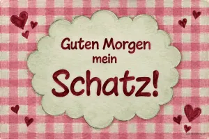 Rosa karierter Hintergrund mit Herzen und Wolkenschild, Text: Guten Morgen mein Schatz!