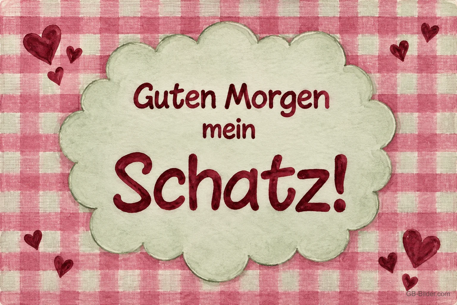 Rosa karierter Hintergrund mit Herzen und Wolkenschild, Text: Guten Morgen mein Schatz!