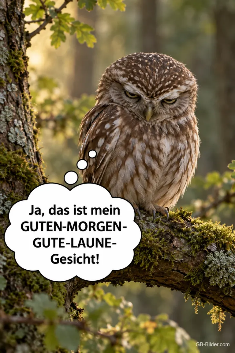 Mürrischer Kauz mit Gedankenblase auf einem Ast, Text: Ja, das ist mein GUTEN-MORGEN-GUTE-LAUNE-Gesicht!
