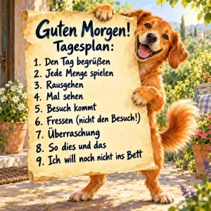 Hund hält grinsend einen Tagesplan auf Pergament, Text: Guten Morgen! Tagesplan: 1. Den Tag begrüßen 2. Jede Menge spielen 3. Rausgehen 4. Mal sehen 5. Besuch kommt 6. Fressen (nicht den Besuch!) 7. Überraschung 8. So dies und das 9. Ich will noch nicht ins Bett