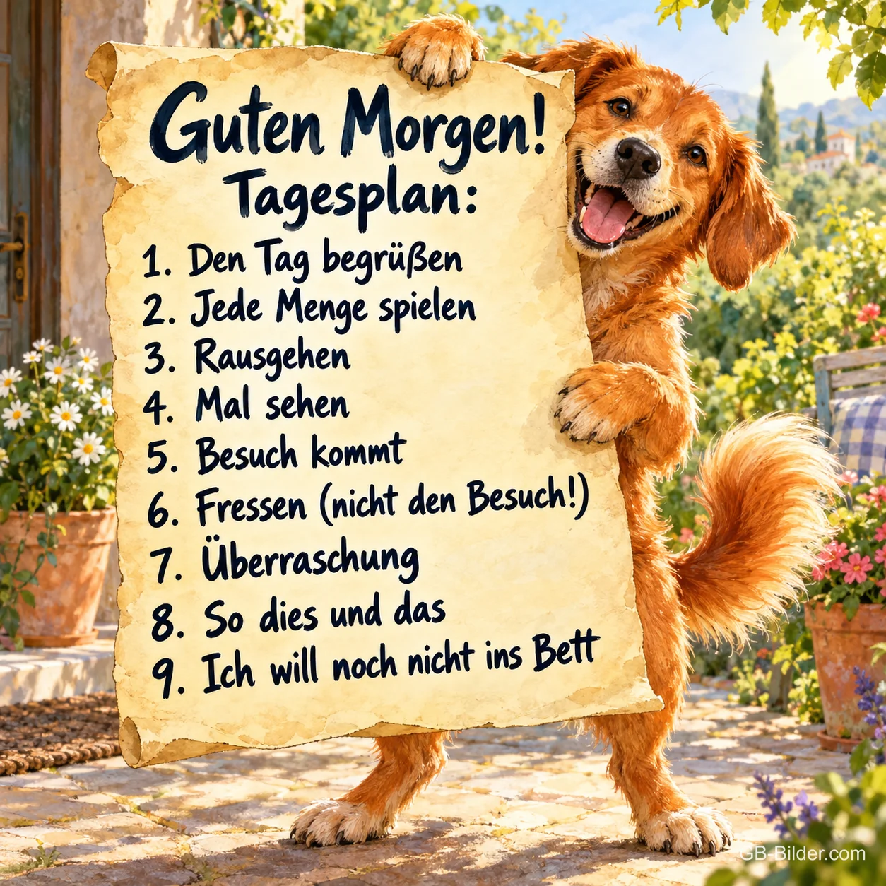 Hund hält grinsend einen Tagesplan auf Pergament, Text: Guten Morgen! Tagesplan: 1. Den Tag begrüßen 2. Jede Menge spielen 3. Rausgehen 4. Mal sehen 5. Besuch kommt 6. Fressen (nicht den Besuch!) 7. Überraschung 8. So dies und das 9. Ich will noch nicht ins Bett