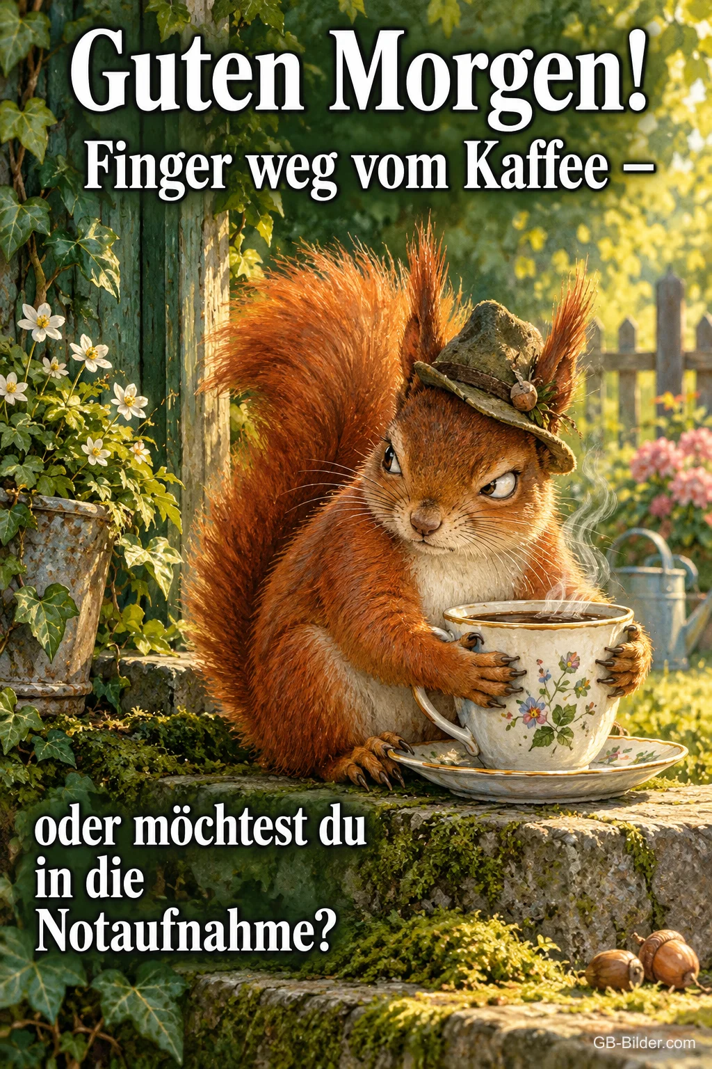 Eichhörnchen mit Hut hält mürrisch eine Kaffeetasse fest, Text: Guten Morgen! Finger weg vom Kaffee – oder möchtest du in die Notaufnahme?