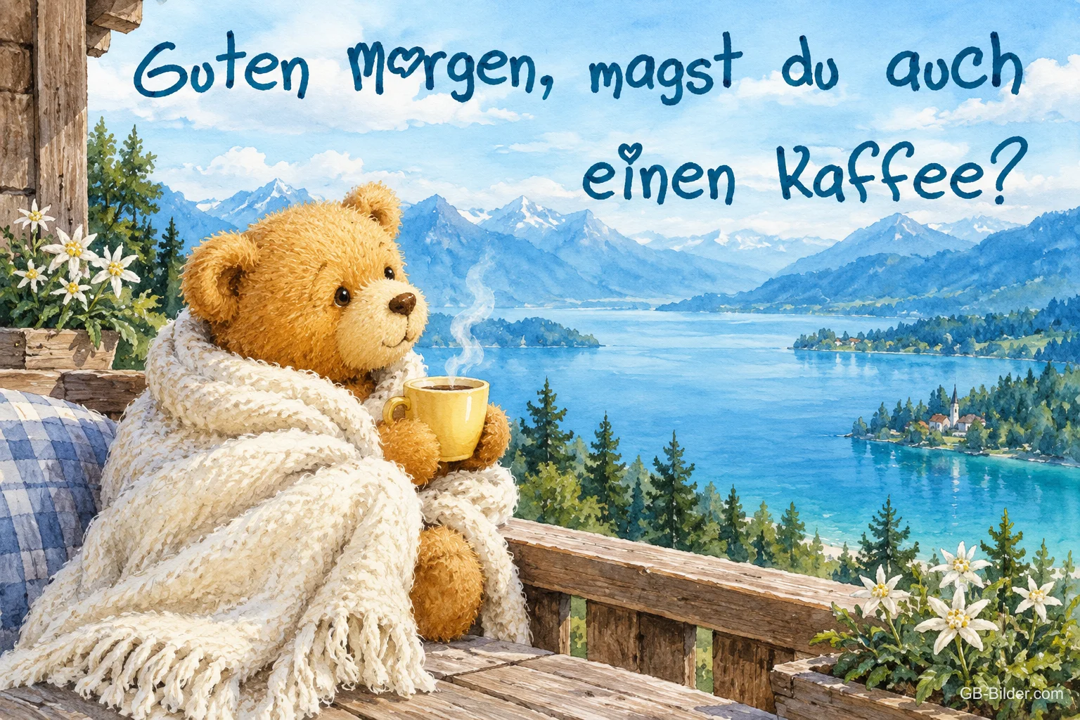 Teddybär in Decke mit Kaffeetasse auf einer Terrasse über einem Bergsee, Text: Guten Morgen, magst du auch einen Kaffee?
