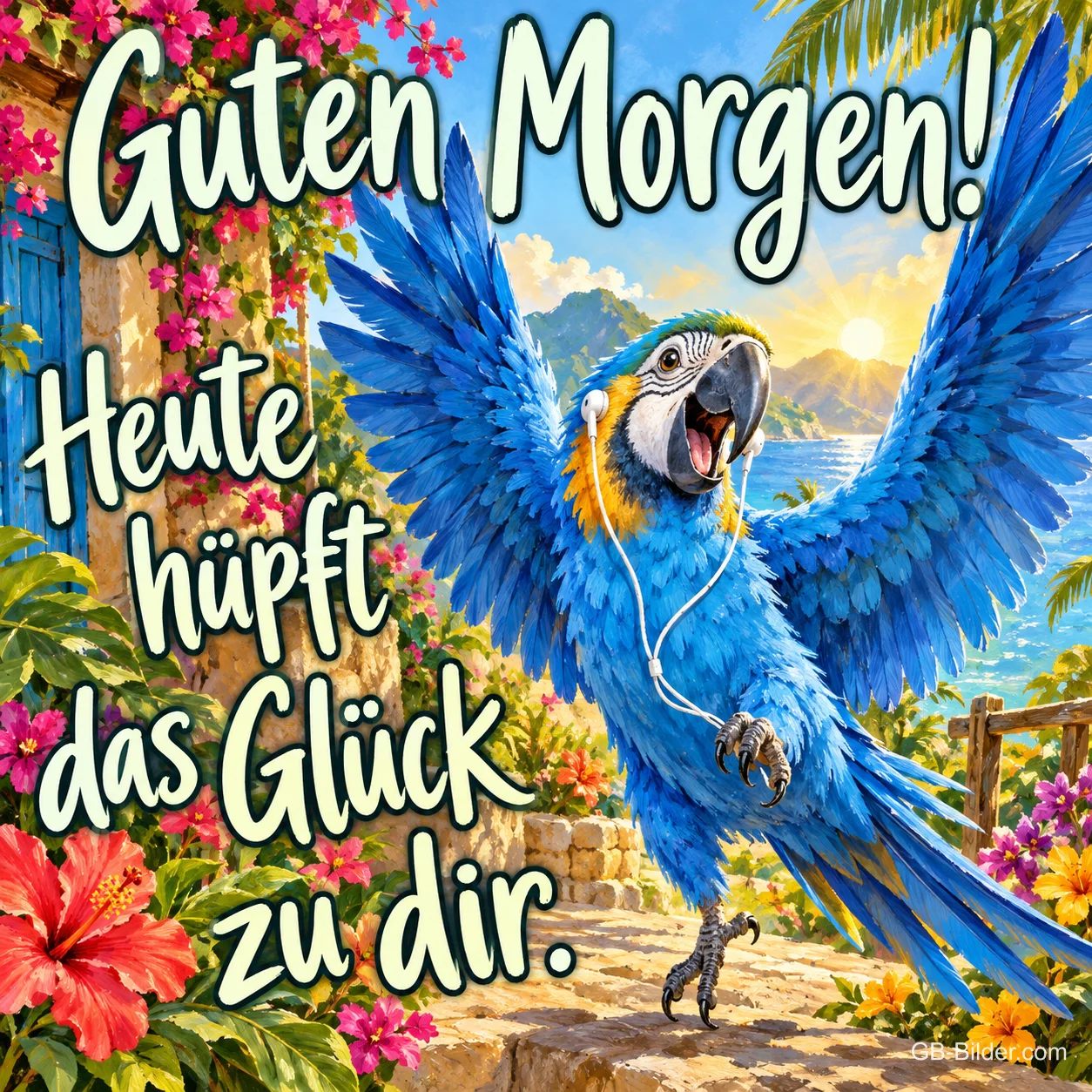 Blauer Ara mit Kopfhörern jubelt mit ausgebreiteten Flügeln in einem Blumengarten, Text: Guten Morgen! Heute hüpft das Glück zu dir.