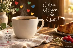 Dampfende Kaffeetasse mit bunten Herzen und Croissant, Text: Guten Morgen, mein Schatz! Ich liebe DICH mehr als Kaffee