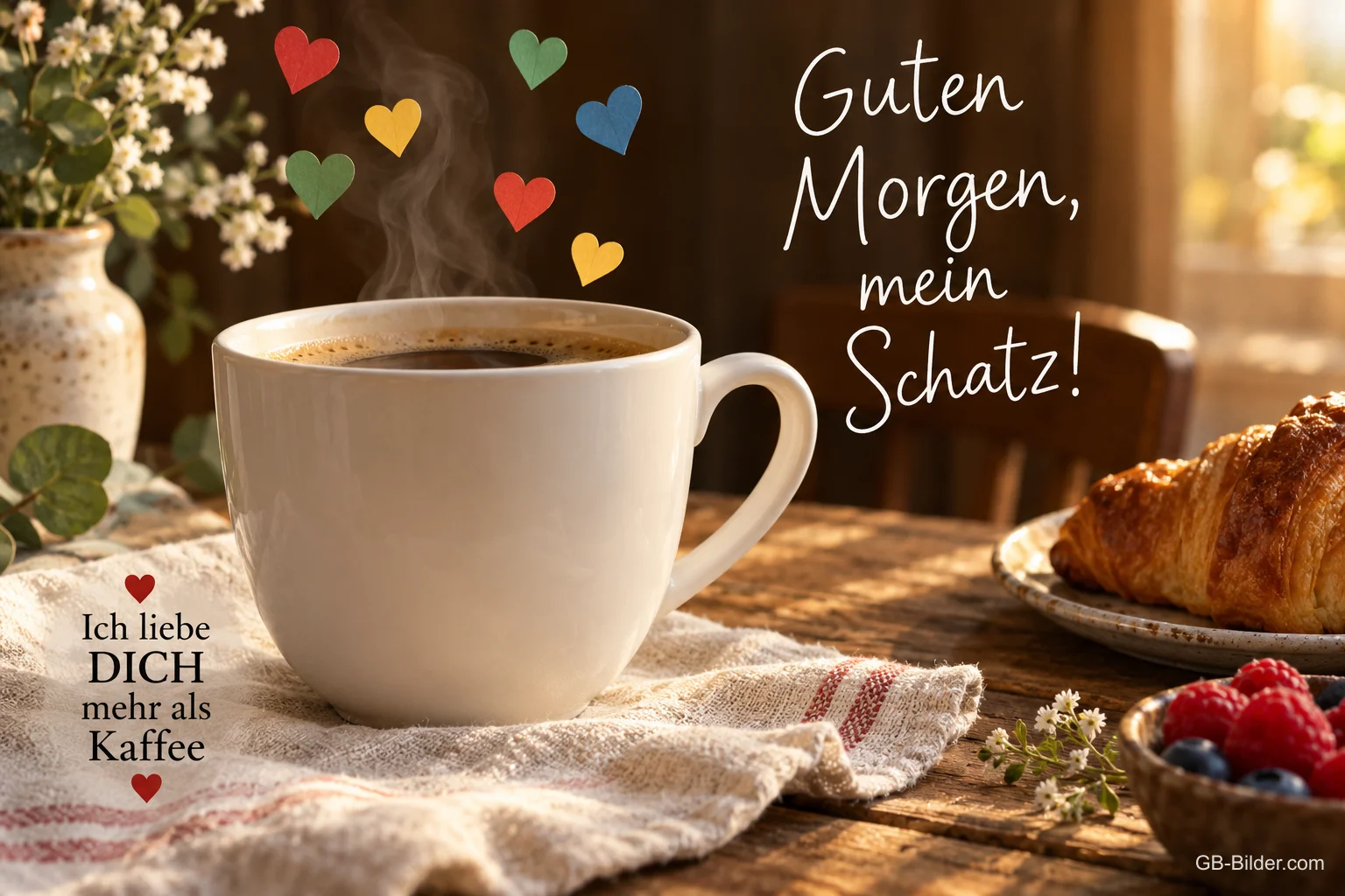Dampfende Kaffeetasse mit bunten Herzen und Croissant, Text: Guten Morgen, mein Schatz! Ich liebe DICH mehr als Kaffee