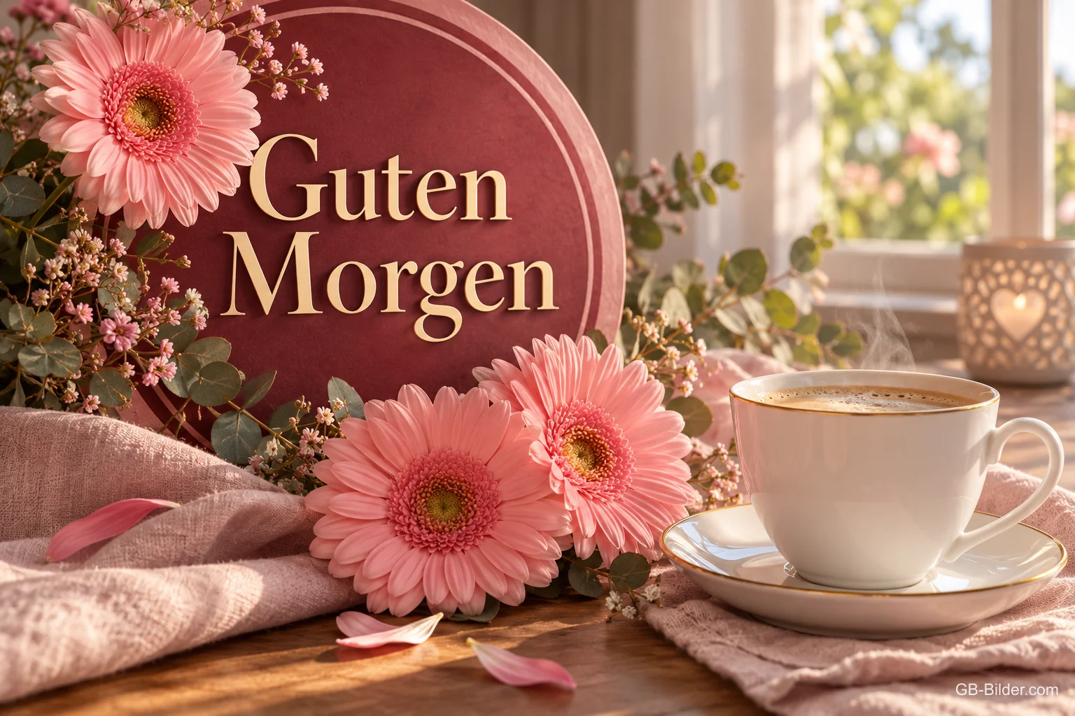 Rosa Gerbera neben einer Tasse Kaffee am Fenster, Text: Guten Morgen