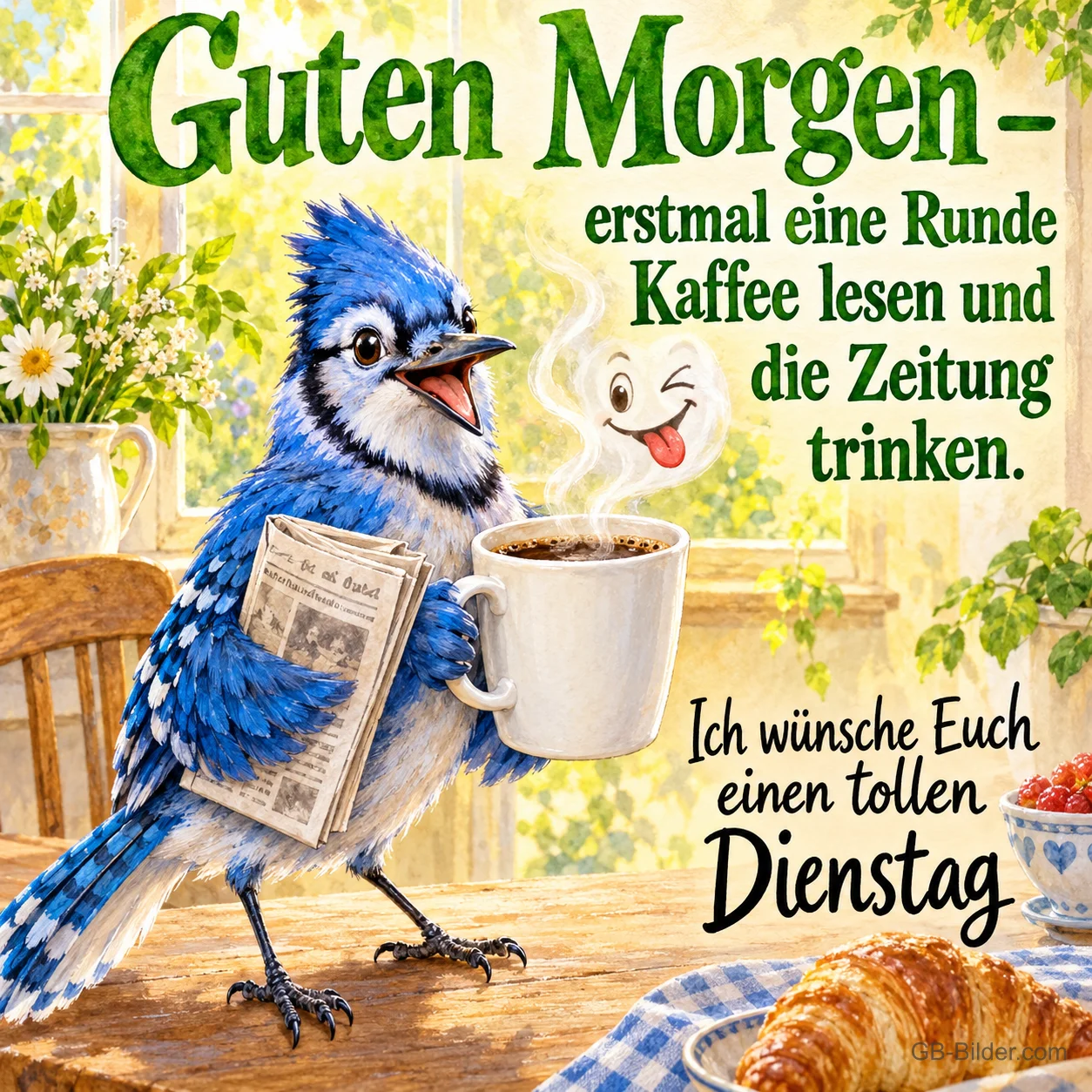 Blauhäher hält Zeitung und Kaffeetasse am Frühstückstisch, Text: Guten Morgen – erstmal eine Runde Kaffee lesen und die Zeitung trinken. Ich wünsche Euch einen tollen Dienstag