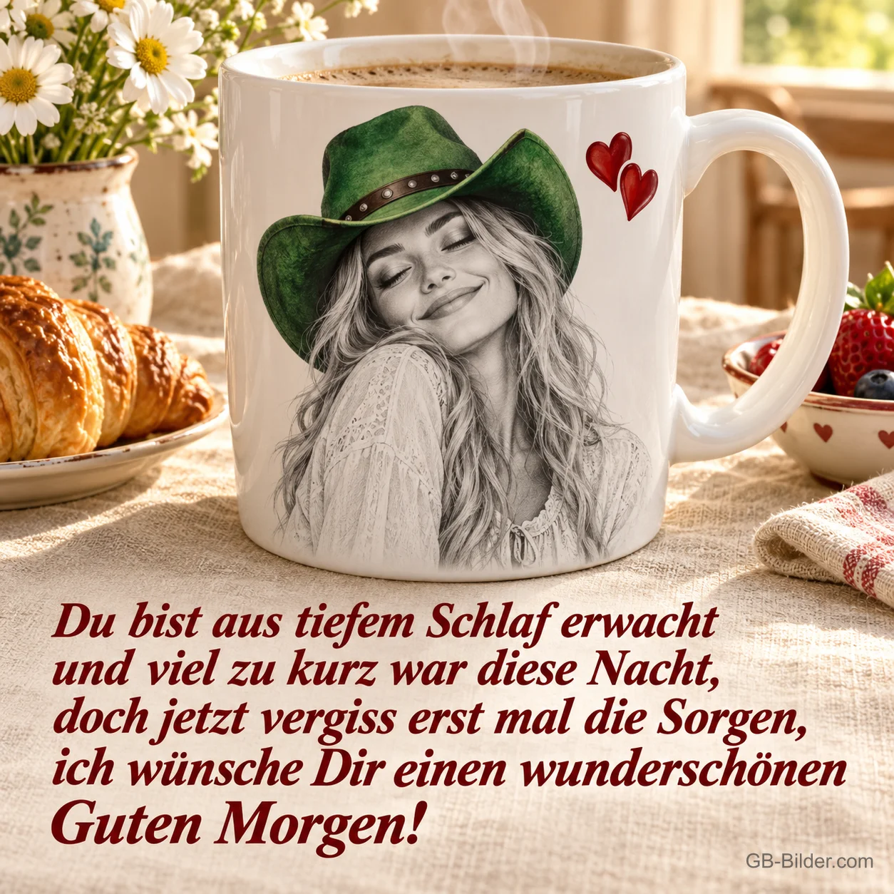 Kaffeetasse mit Zeichnung einer lächelnden Frau mit grünem Hut neben Croissants, Text: Du bist aus tiefem Schlaf erwacht und viel zu kurz war diese Nacht, doch jetzt vergiss erst mal die Sorgen, ich wünsche Dir einen wunderschönen Guten Morgen!