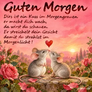 Zwei Mäuse geben sich einen Kuss zwischen Rosen bei Sonnenaufgang, Text: Guten Morgen – Dies ist ein Kuss im Morgengrauen, er macht dich wach, da wirst du schauen. Er streichelt dein Gesicht, damit du strahlst im Morgenlicht!