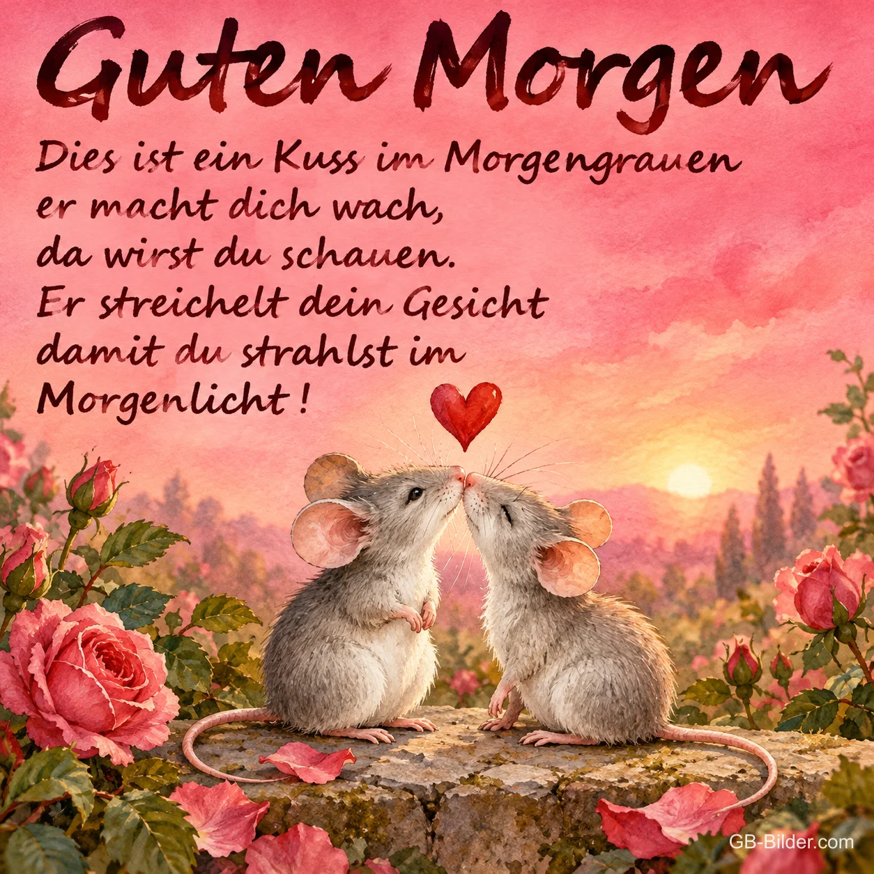 Zwei Mäuse geben sich einen Kuss zwischen Rosen bei Sonnenaufgang, Text: Guten Morgen – Dies ist ein Kuss im Morgengrauen, er macht dich wach, da wirst du schauen. Er streichelt dein Gesicht, damit du strahlst im Morgenlicht!