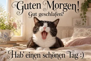 Schwarz-weiße Katze gähnt auf einem Bett, Text: Guten Morgen! Gut geschlafen? Hab’ einen schönen Tag :)