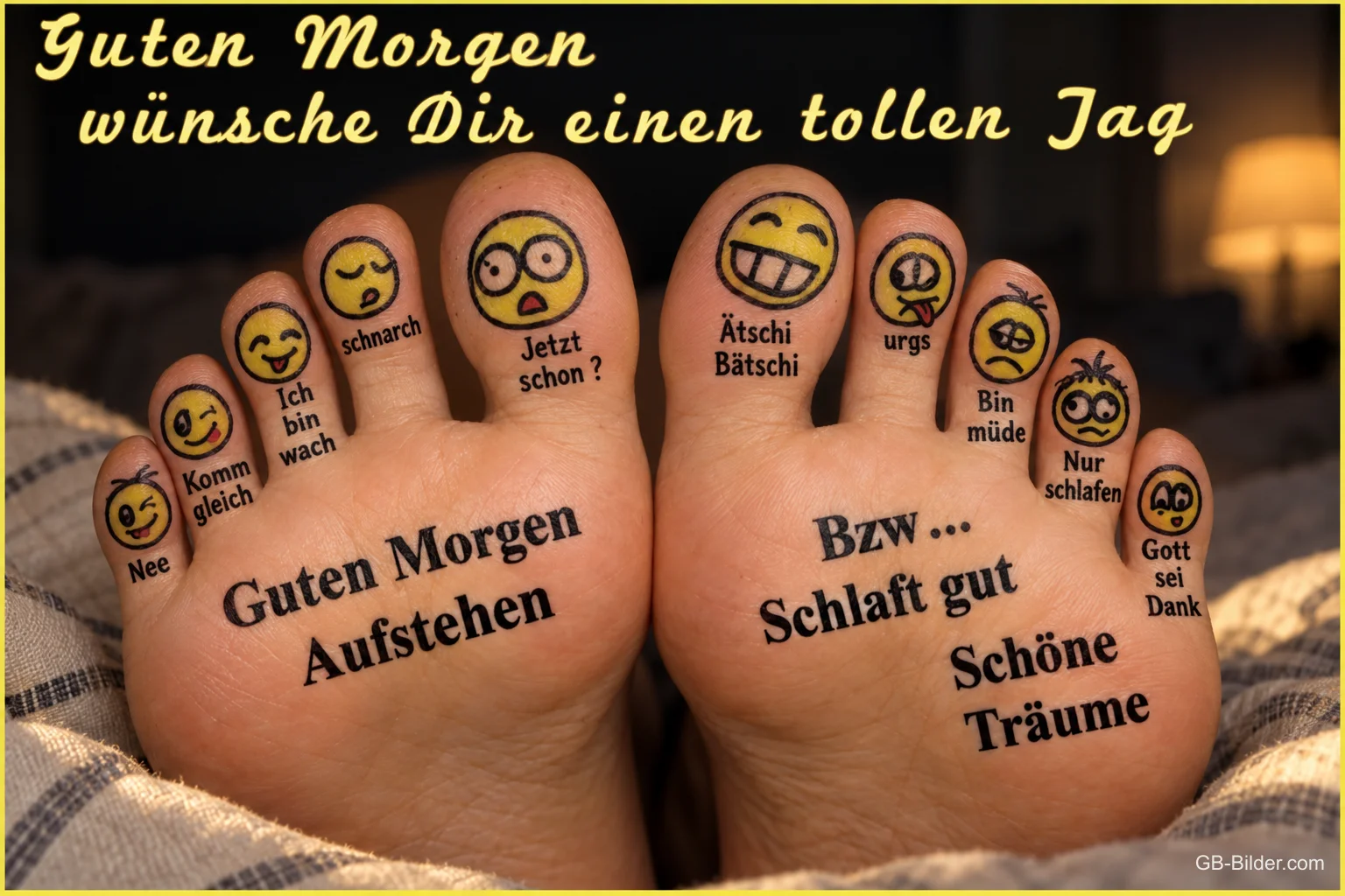 Zwei Füße mit lustigen Gesichtern auf den Zehen, Text: Guten Morgen, wünsche Dir einen tollen Tag – Guten Morgen, aufstehen! Bzw… schlaft gut, schöne Träume