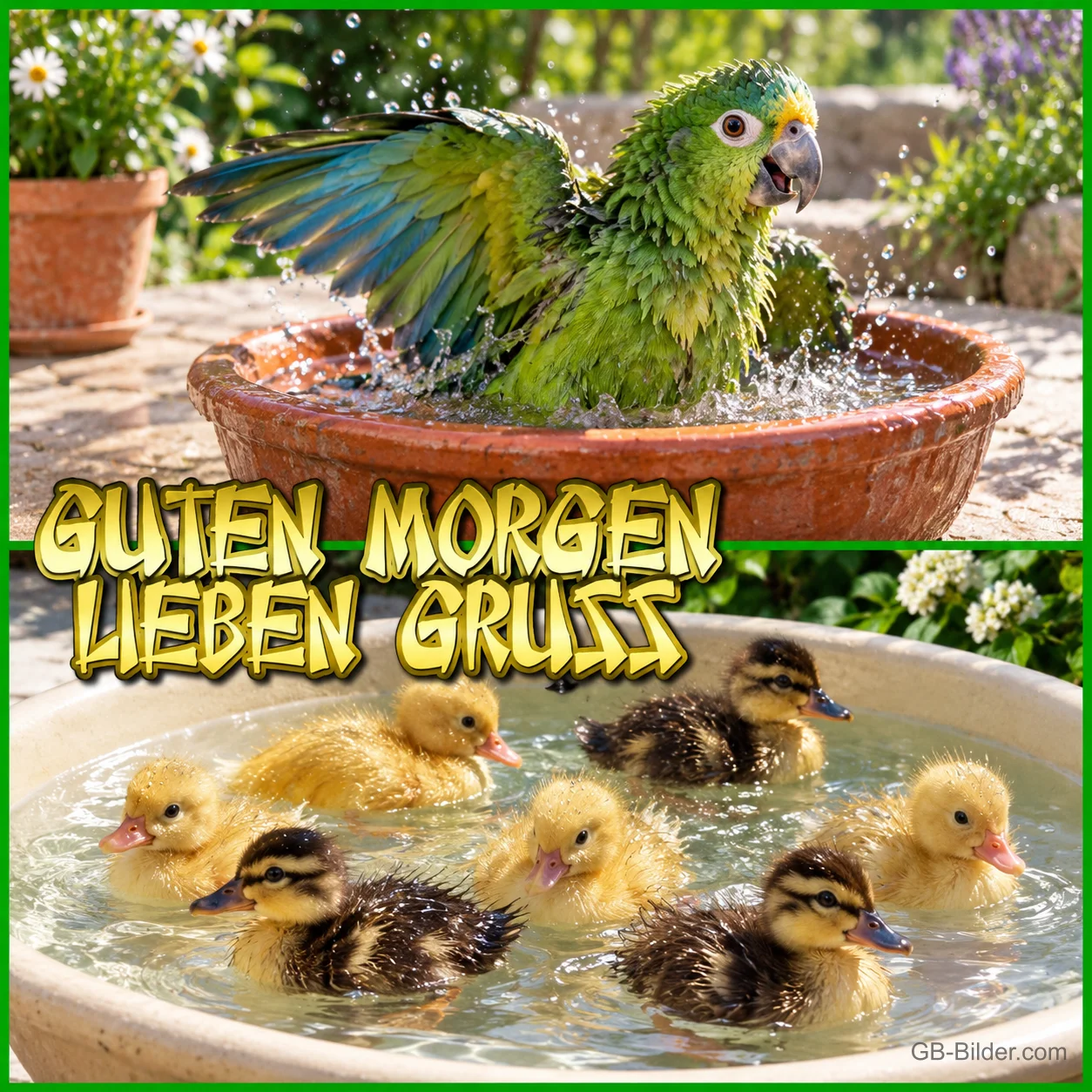 Grüner Papagei badet in einer Schale, darunter Entenküken im Wasser, Text: GUTEN MORGEN – LIEBEN GRUSS
