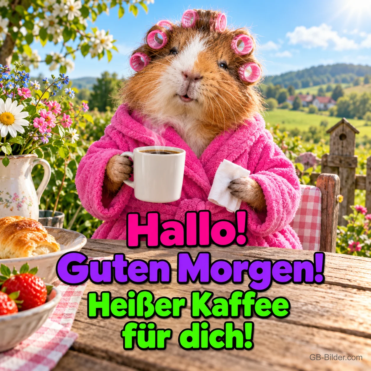 Meerschweinchen mit Lockenwicklern und rosa Bademantel trinkt Kaffee, Text: Hallo! Guten Morgen! Heißer Kaffee für dich!