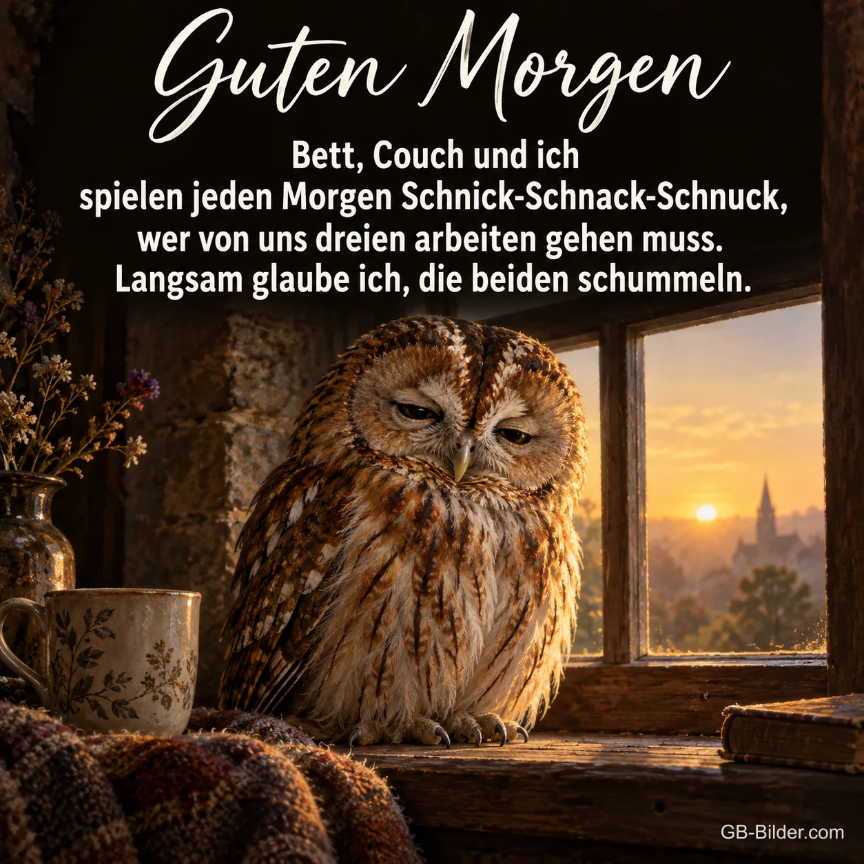 Müder Waldkauz, lustiger Spruch, Text: Guten Morgen