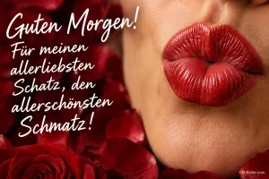 Rote Lippen zum Kuss gespitzt vor roten Rosen, Text: Guten Morgen! Für meinen allerliebsten Schatz, den allerschönsten Schmatz!