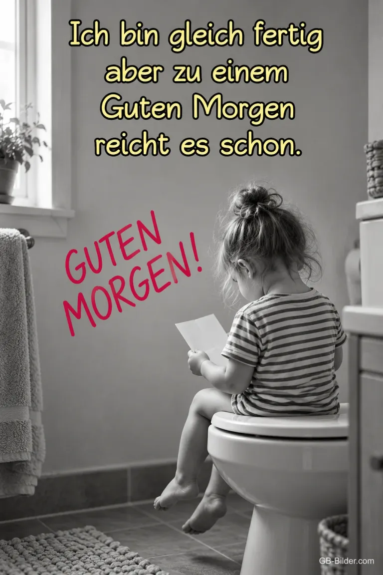 Kleines Kind sitzt mit einem Zettel im Badezimmer, Text: Ich bin gleich fertig, aber zu einem Guten Morgen reicht es schon. GUTEN MORGEN!