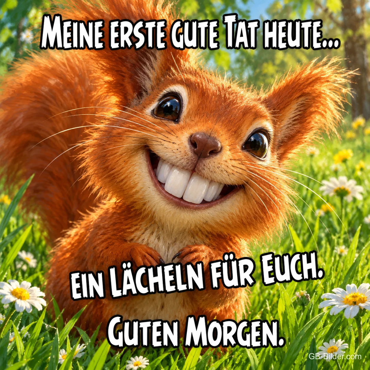 Eichhörnchen grinst mit breitem Lächeln auf einer Blumenwiese, Text: MEINE ERSTE GUTE TAT HEUTE… EIN LÄCHELN FÜR EUCH. GUTEN MORGEN. Eichhörnchen grinst mit breitem Lächeln auf einer Blumenwiese, Text: MEINE ERSTE GUTE TAT HEUTE… EIN LÄCHELN FÜR EUCH. GUTEN MORGEN.
