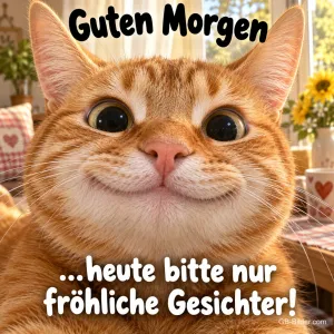 Rote Katze mit breitem Grinsen und großen Augen in einer Küche, Text: Guten Morgen …heute bitte nur fröhliche Gesichter!