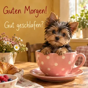 Yorkshire-Terrier-Welpe sitzt in einer gepunkteten Tasse, Text: Guten Morgen! Gut geschlafen?