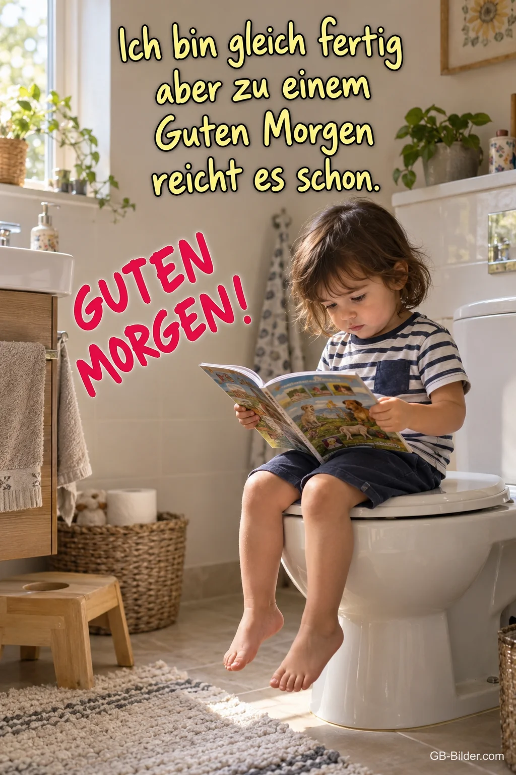 Kleines Kind sitzt auf der Toilette und liest ein Bilderbuch, Text: Ich bin gleich fertig aber zu einem Guten Morgen reicht es schon. GUTEN MORGEN!
