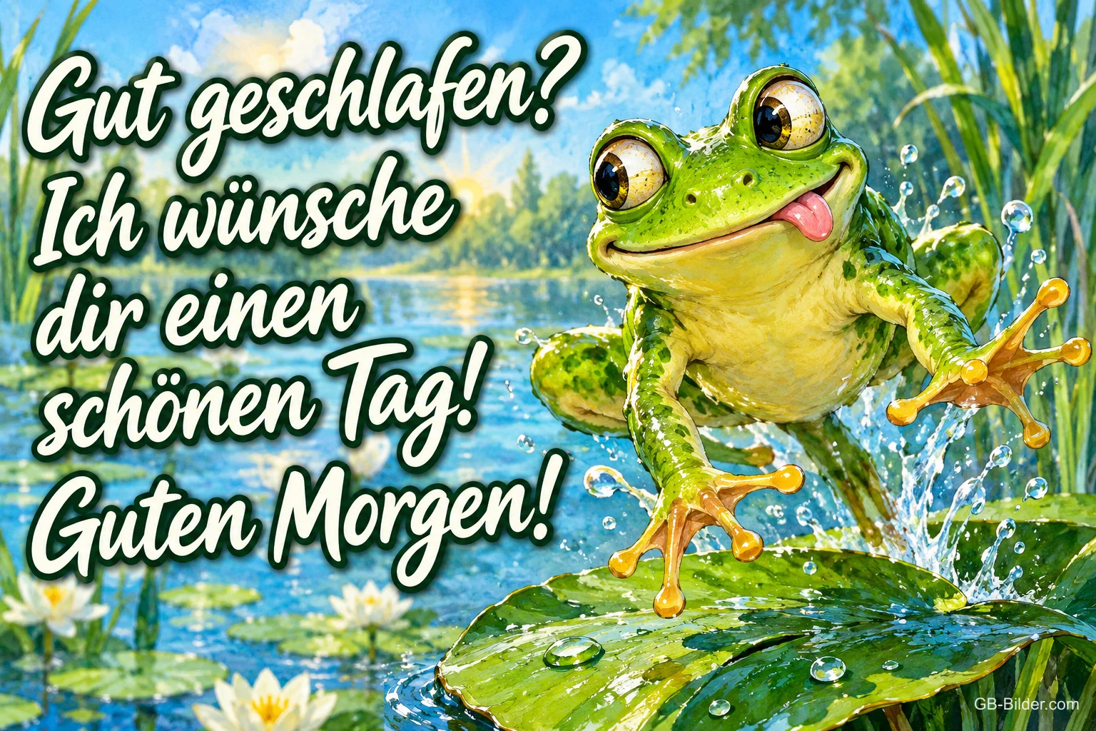 Grüner Frosch springt mit herausgestreckter Zunge über Seerosenblätter, Text: Gut geschlafen? Ich wünsche dir einen schönen Tag! Guten Morgen!